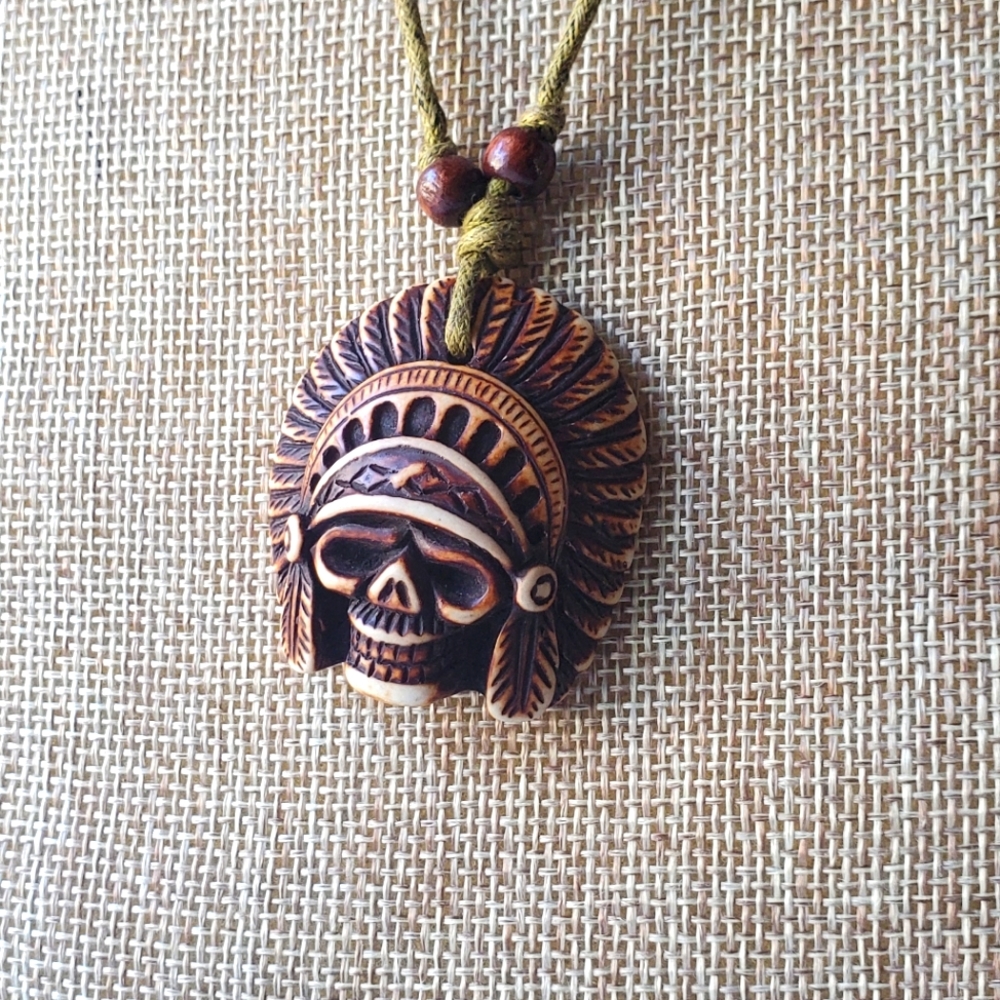 Vintage Indian chief skull head necklace